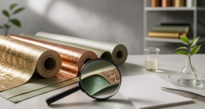 Rolls of textured gold and copper foil-embossed fabric with sage green rolls behind on a light grey workbench, a magnifying glass held over the fabric edges, a blank white notepad, metal tweezers, a small glass beaker and a leafy sprig in a small vase, bright studio light