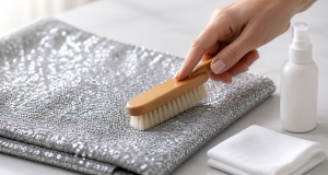 A hand holding a soft-bristled wooden brush gently sweeping a folded panel of silver-grey sequin fabric on a light countertop, a plain white spray bottle and a neatly folded white cloth beside it, bright soft daylight