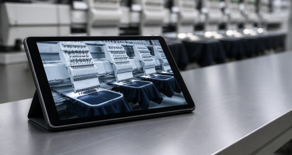 High-tech tablet displaying a live textile production video stream on an industrial workbench