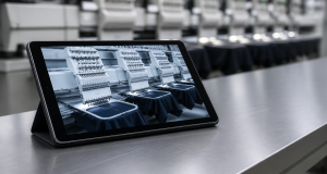 High-tech tablet displaying a live textile production video stream on an industrial workbench