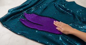 A hand brushing a color-changing sequin fabric panel, the stroke flipping deep teal sequins to reveal a vibrant purple reverse, fabric draped on a light surface