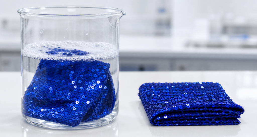 A clear glass beaker half-filled with soapy water holding a crumpled electric-blue sequin fabric swatch with white foam on the surface, beside a neatly folded dry swatch of the same fabric on a white laboratory surface, color fastness testing