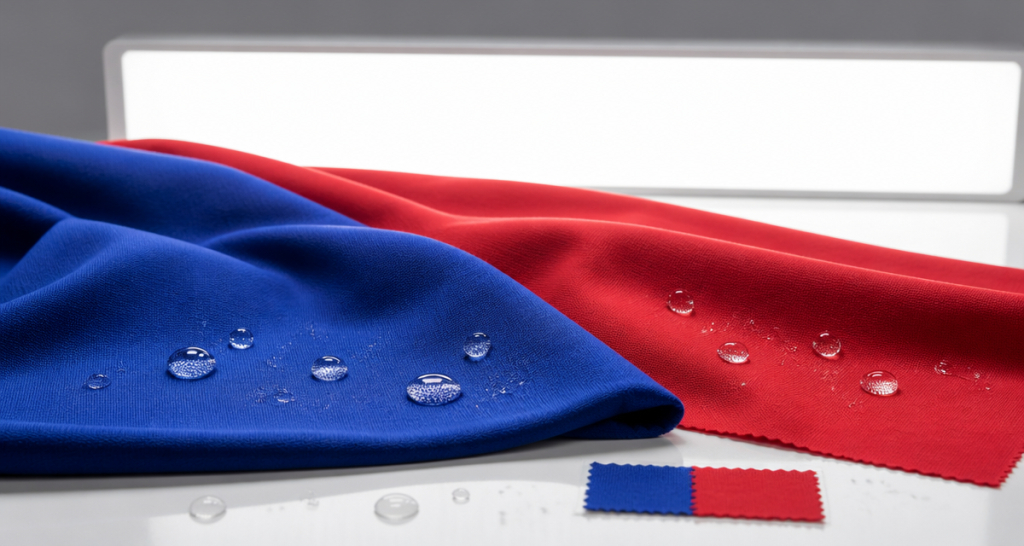 Vivid cobalt and crimson dyed fabric with water droplets before a light panel for color fastness testing
