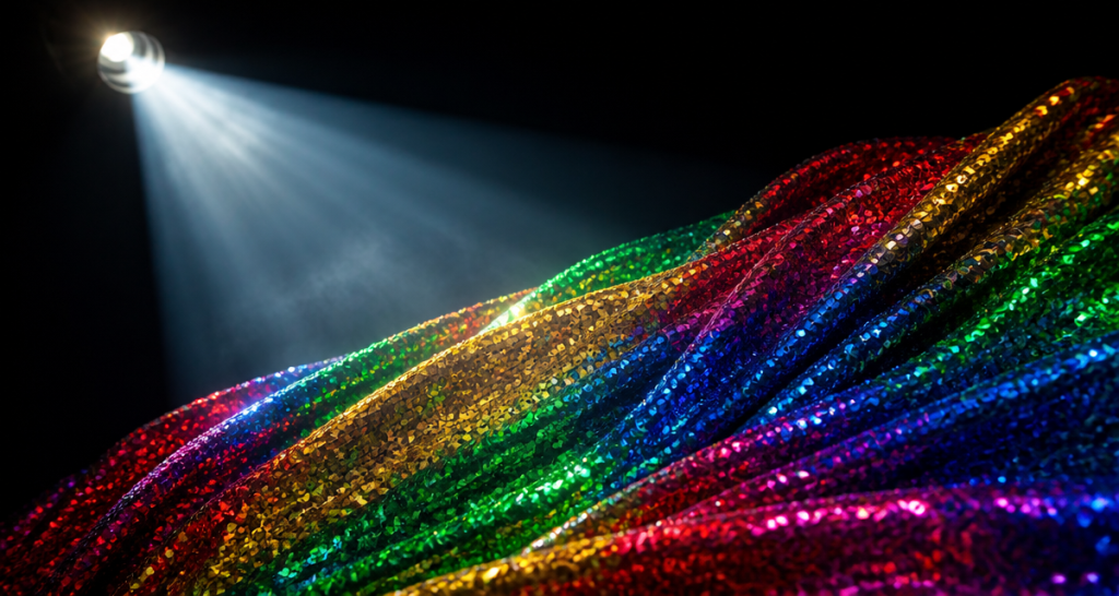 Vibrant multi-colored sequin fabric responding to a theatrical spotlight