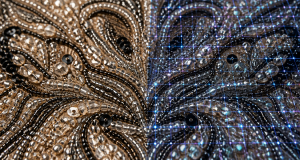 Swirling beadwork and sequins overlaid with a glowing digital optimization grid