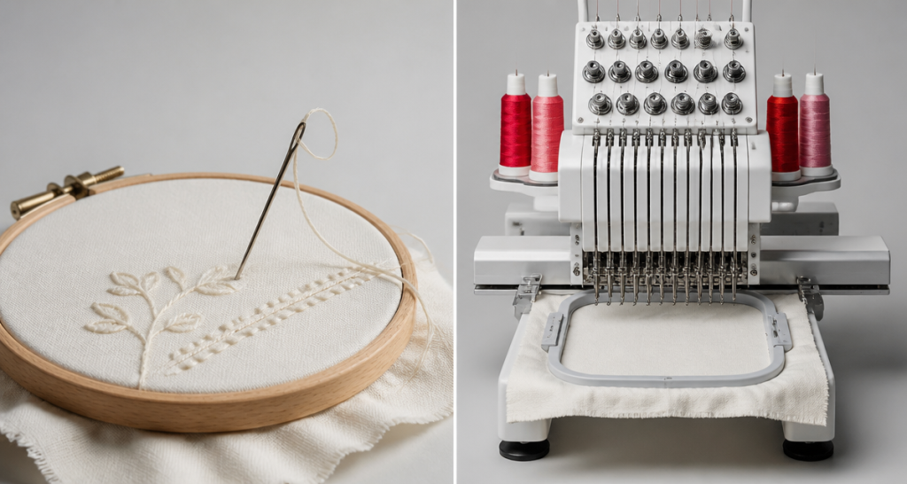 Split comparison of a classic hand embroidery needle and hoop versus a high-tech computerized embroidery machine head