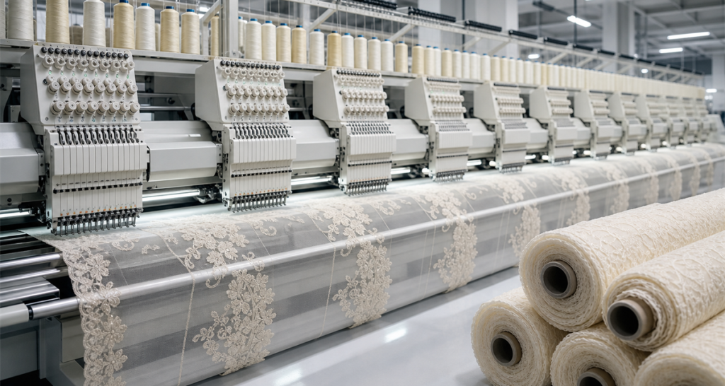 Industrial multi-head embroidery production line producing intricate couture-level lace