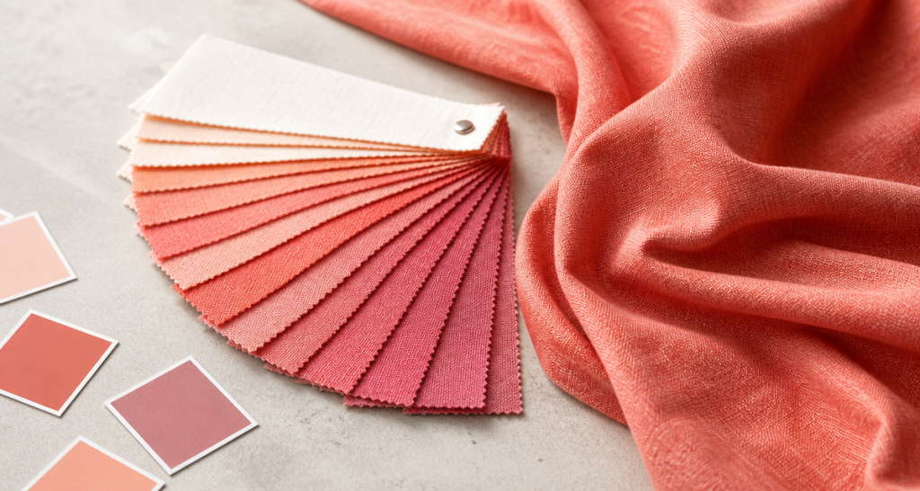 Fabric shade swatch fan in coral tones beside draped dyed fabric for custom color shade approval