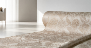 Intricate jacquard pattern on a large textile roll in a home decor context