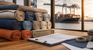 Stacks of fabric rolls in blue, orange and beige on a wooden table with a clipboard and measuring tape, a cargo port with a container ship visible through the window at sunset