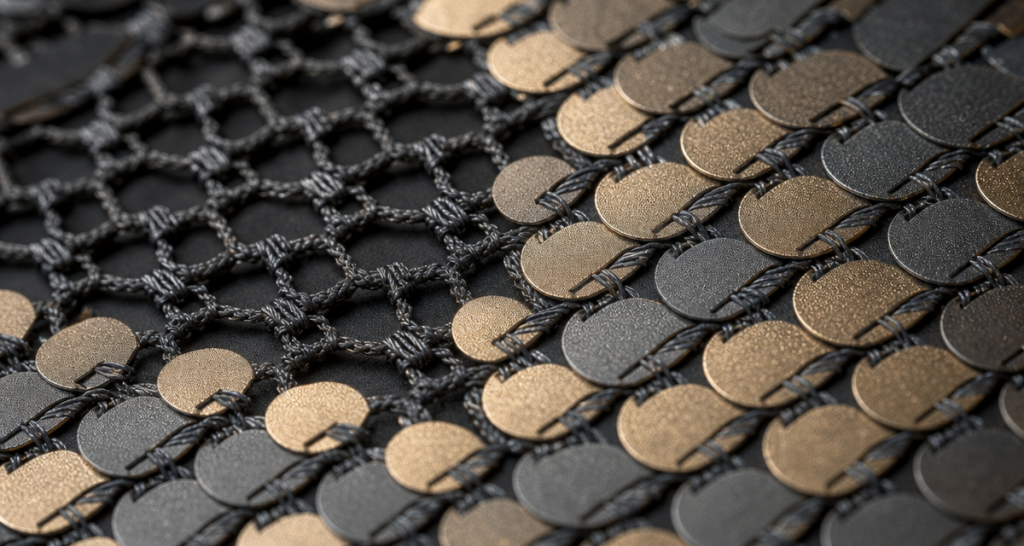 An extreme macro close-up of densely packed scale-like flat sequin discs in matte gold-bronze and charcoal-gunmetal on a dark open-knit mesh base, showing the interlocking thread lattice and mesh structure under dramatic raking light