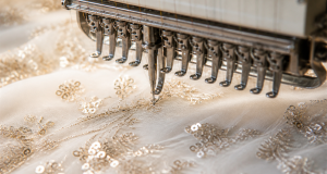 Multi-needle embroidery machine head stitching sequins and metallic thread onto ivory tulle