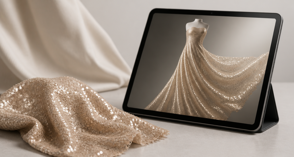 Champagne sequin fabric swatch beside a tablet showing an abstract 3D render of a sequined gown for digital fabric twins