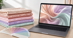 Pastel iridescent sequin fabric swatches beside a laptop showing a 3D fabric render for digital swatch libraries