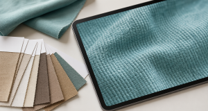 Tablet displaying a fabric texture close-up beside physical swatch cards for digital sampling workflow