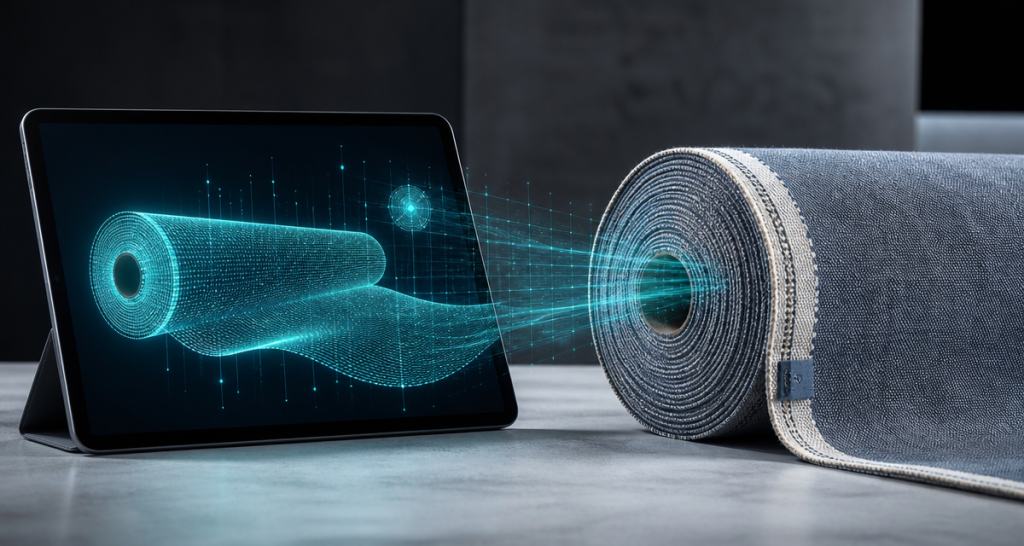 A roll of textured blue fabric on a grey surface beside a tablet displaying a glowing teal digital scan of the material on a dark minimalist background