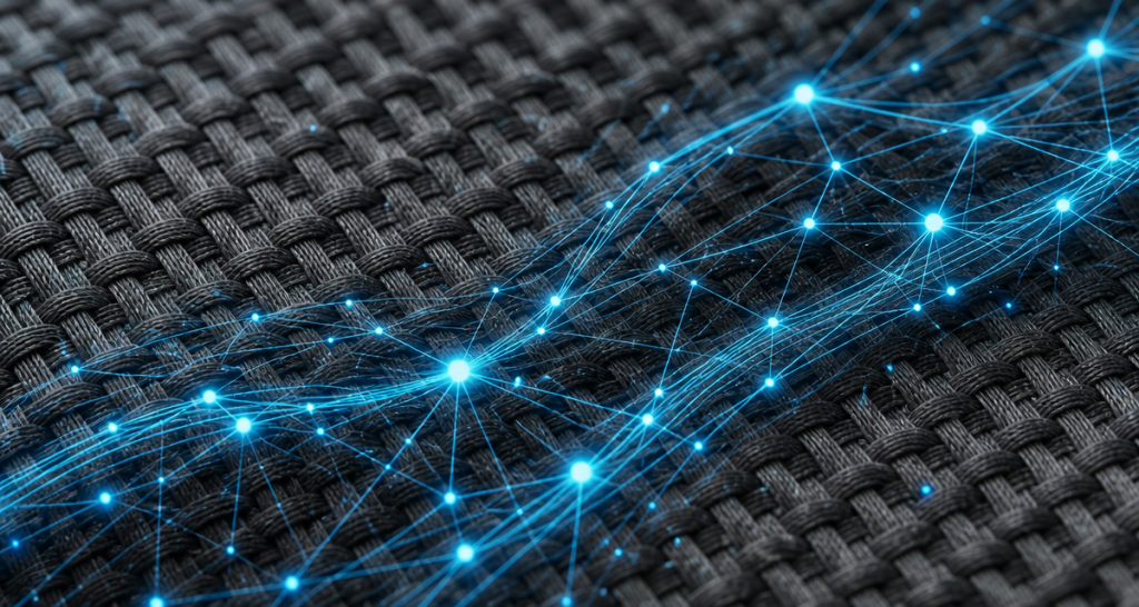 Abstract digital network lines overlaying a detailed textile weave background