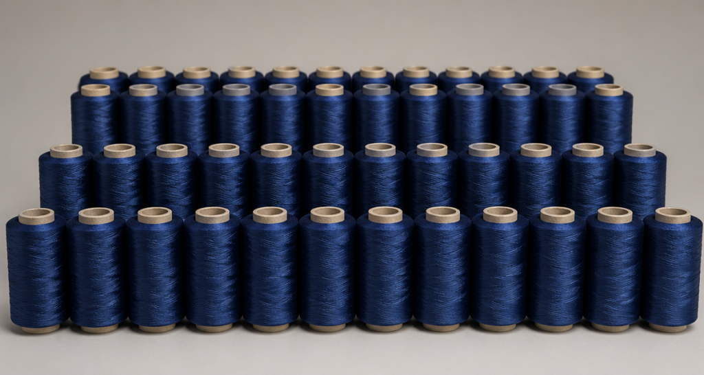 Array of identical navy embroidery thread spools in a perfectly matched single shade