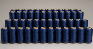 Array of identical navy embroidery thread spools in a perfectly matched single shade