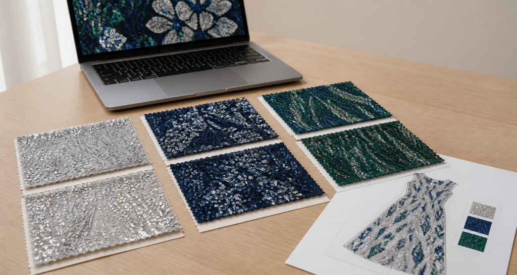 Silver navy and emerald sequin fabric swatches on a design desk beside a laptop showing a digital fabric design and a technical drawing sheet