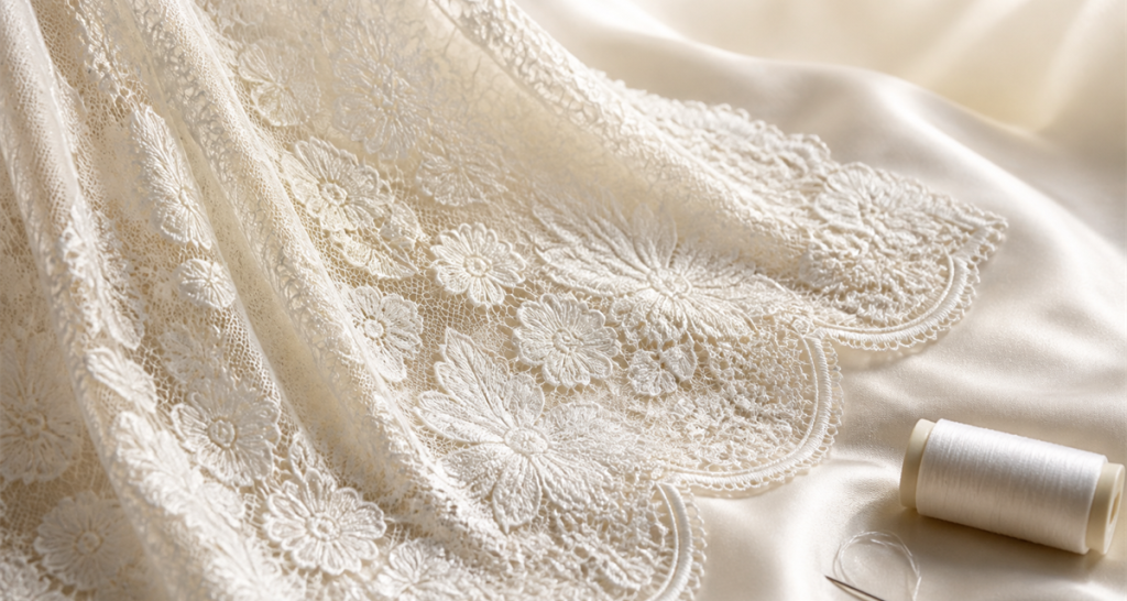 White embroidered lace fabric with floral motifs and scalloped edges draped over ivory silk with a thread spool for bridal sourcing