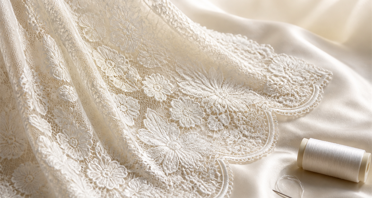 White embroidered lace fabric with floral motifs and scalloped edges draped over ivory silk with a thread spool for bridal sourcing