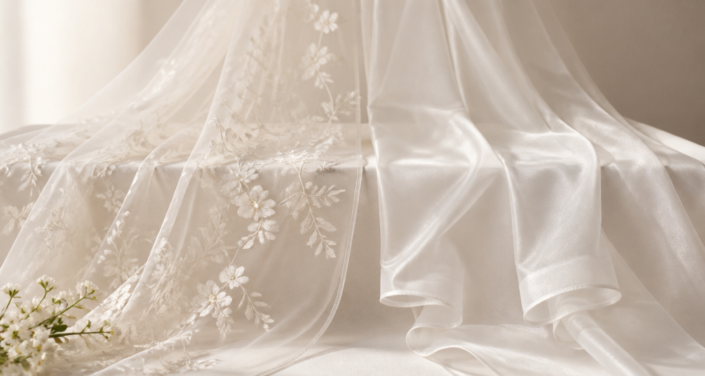 Ivory bridal veil fabrics compared: sheer embroidered mesh and smooth organza draped over a white studio table with white flowers