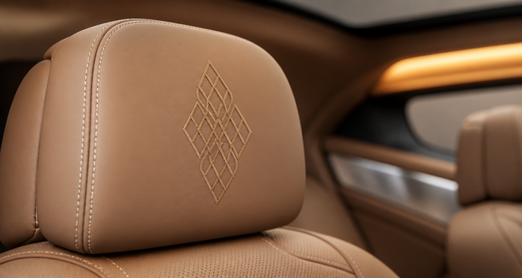 Luxury car interior leather headrest detail with custom tonal embroidery stitching