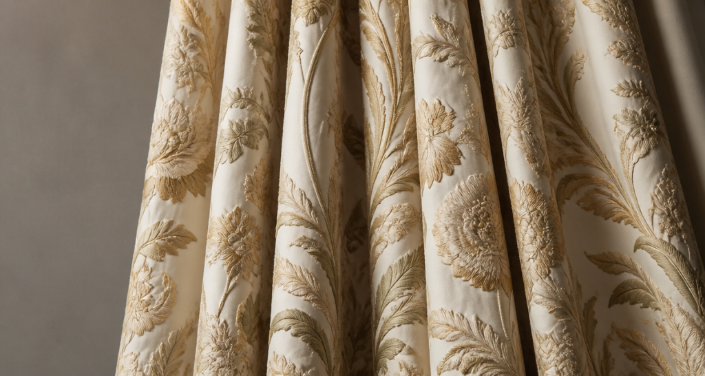 Draped curtain-weight embroidery fabric with heavy rich texture and deep elegant folds