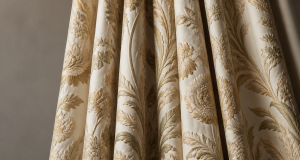 Draped curtain-weight embroidery fabric with heavy rich texture and deep elegant folds