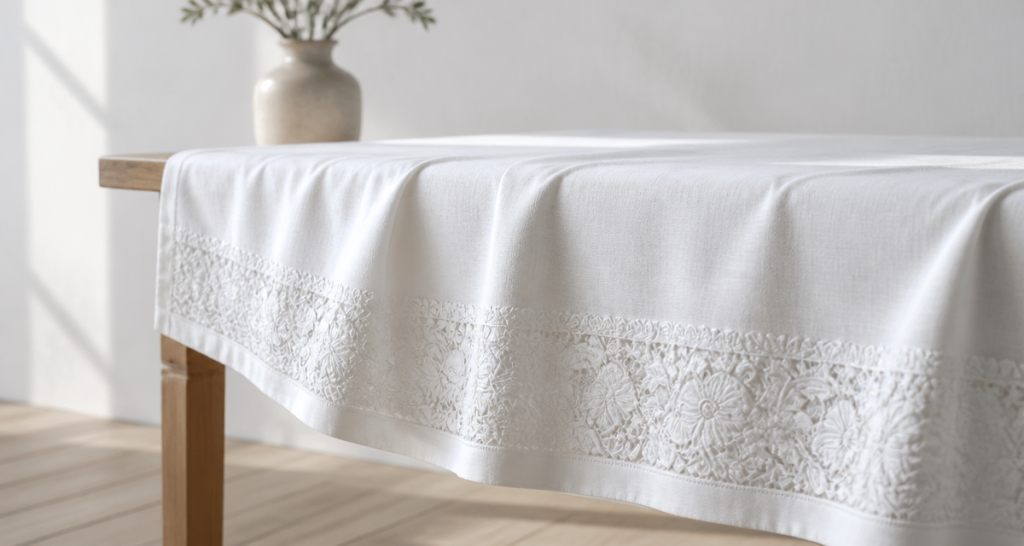 Elegant white embroidered tablecloth draped on a minimalist dining table