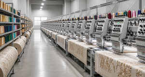 Rows of professional multi-head embroidery machines on a clean modern factory floor with fabric rolls and thread cones