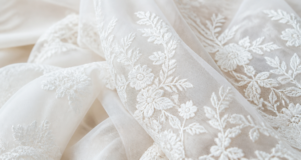 Pure white bridal lace embroidery on fine mesh, elegant and soft