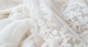 Pure white bridal lace embroidery on fine mesh, elegant and soft
