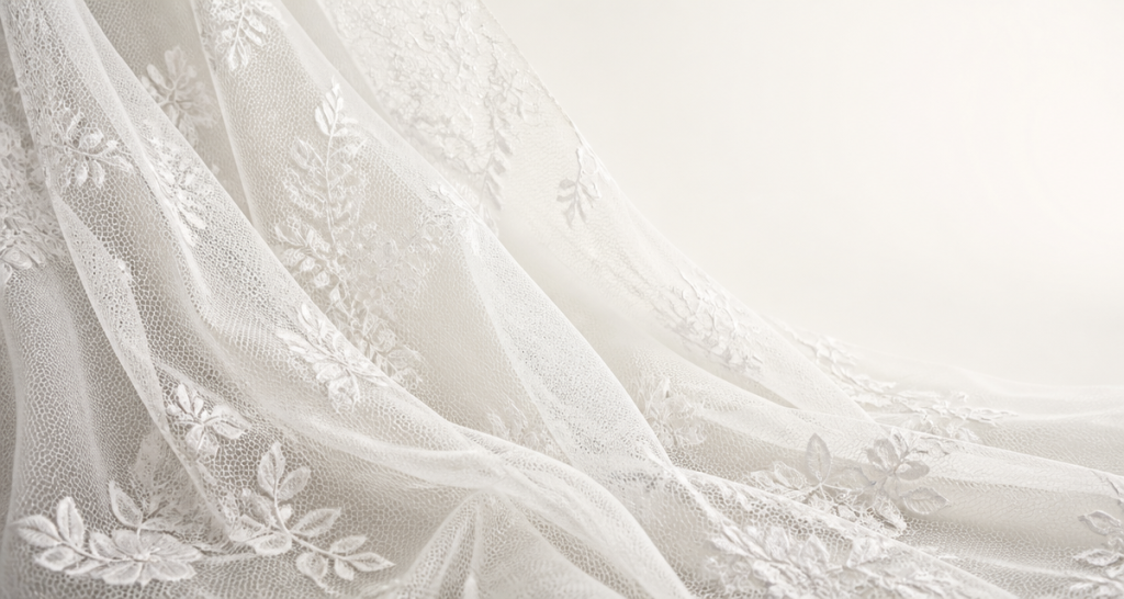 Ivory bridal lace embroidery on fine mesh with delicate floral motifs