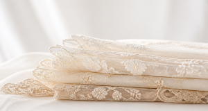 Soft-focus shot of premium bridal lace embroidery fabric selection in ivory and champagne