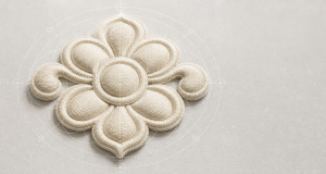 Real 3D puff embroidery sample with faint schematic engineering guide lines overlaid