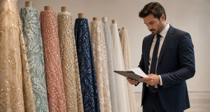 Professional auditor reviewing a quality report beside high-end textile rolls
