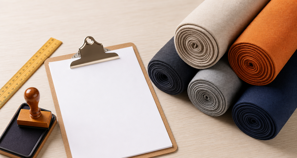 Textile fabric rolls on a shipping desk beside a clipboard and ruler for export labeling compliance