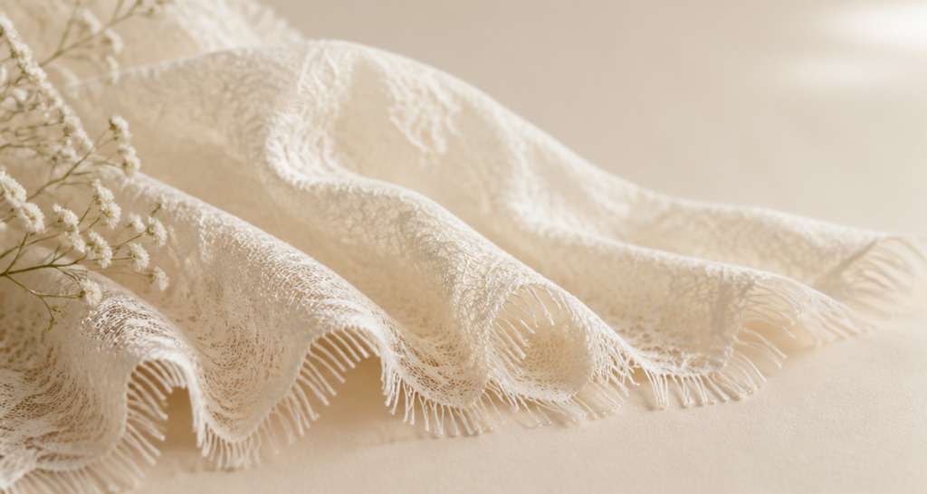 Ivory eyelash lace fabric with delicate fringed edges draped in soft folds beside white gypsophila flowers on a warm studio surface