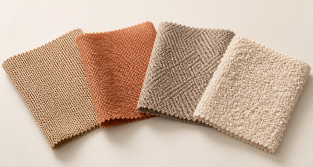 Coordinated fabric collection swatches in earthy sand, terracotta, taupe and cream textures