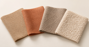 Coordinated fabric collection swatches in earthy sand, terracotta, taupe and cream textures