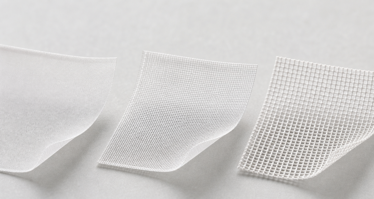 Three square mesh fabric samples arranged in a row showing increasing density from an ultra-fine translucent weave on the left to a coarse open weave on the right, white threads on a light grey studio surface, corners gently curled upward