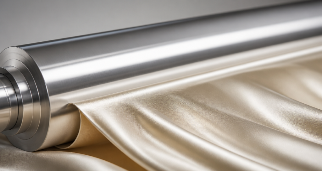 High-sheen champagne fabric passing under a polished metal roller during textile finishing