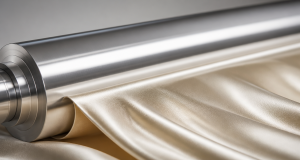 High-sheen champagne fabric passing under a polished metal roller during textile finishing