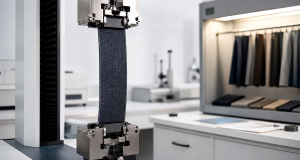 Modern textile lab equipment testing a fabric sample to guarantee consistency for bulk orders