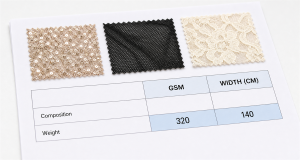 Fabric swatch sheet with sequin mesh, hexagonal netting and lace samples above a GSM and width specification table