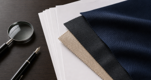 Fabric sample swatches layered over quality document sheets with a magnifier and pen for B2B sample approval