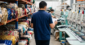Factory auditor with clipboard walking past racks of sequin fabric rolls and embroidery machines