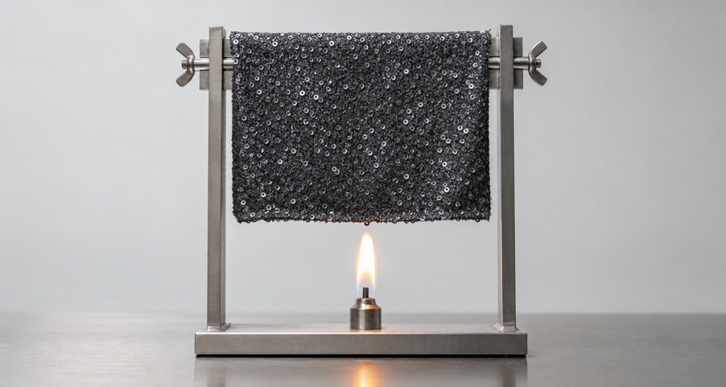 A dark charcoal sequin fabric swatch held in a plain metal clamp frame above a small controlled teardrop flame in a laboratory flammability test, clean light-grey wall and stainless steel bench, fire safety compliance testing